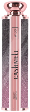 Wibo Cashmelt Glossy Lipstick, różowa pomadka w sztyfcie z brokatem, metaliczny różowy korek, pionowo.
