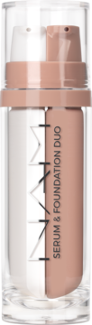 Przezroczysta butelka Serum & Foundation Duo z białym i beżowym płynem, podwójny dozownik, widok z przodu.