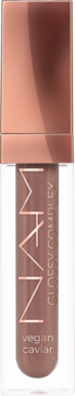Błyszczyk MNN Glossy Complex Vegan Caviar, różowo-beżowy, w przezroczystej butelce z miedzianą nakrętką, z przodu.