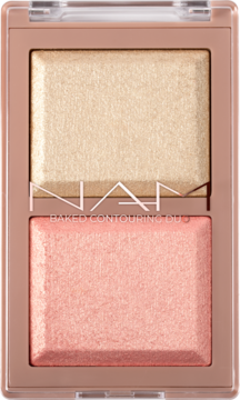 NAM Baked Contouring Duo: złoty rozświetlacz i brzoskwiniowy róż w beżowej kasetce, widok z góry.