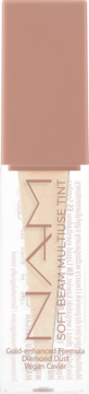 IMAN Soft Beam Multifunkcyjny Tint z diamentami i złotem, ciemna buteleczka z beżową zakrętką, widok z przodu.