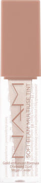 Multifunkcyjny złocisty tint Soft Beam z diamentowym pyłem, w ciemnej butelce z beżową nakrętką, widok z przodu.