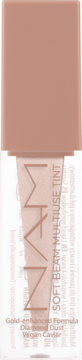 MZANI Soft Beam Multi Use Tint, rozświetlający, brzoskwiniowy płyn w smukłej butelce z beżową nakrętką.