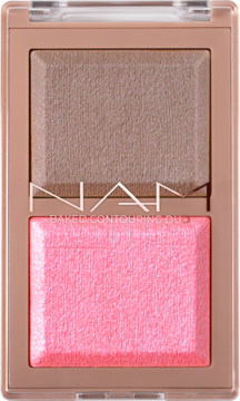 NARS Baked Contouring Duo: brązowy puder konturujący i różowy rozświetlający róż w beżowej kasetce, widok z góry.