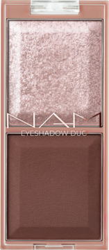 NARS EYESHADOW DUO. Kompakt z foliowym cieniem w odcieniu rose gold i matowym brązem. Widok z góry.