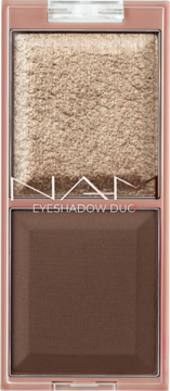 NARS Eyeshadow Duo: lśniący beż i matowy brąz w kompaktowej, różowej kasetce, widok z góry.