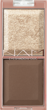 NARS Eyeshadow Duo w pudrowo-różowej kasetce: foliowy złoty i matowy brąz. Widok z góry.