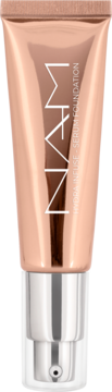 Rose gold hybrydowy podkład I AM NAAN Mineral Serum Foundation w metalicznej tubce z pompką, ujęcie z przodu.