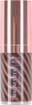 Wibo Magnetizer Lip Gloss w butelce z miedzianą zakrętką, transparentny, mieniący się różowo-fioletowym połyskiem.