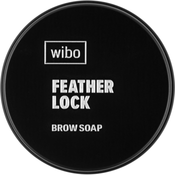 Czarne, okrągłe utrwalające mydło do brwi Wibo Feather Lock z białym napisem na wieczku, widok z góry.