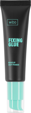 Wibo Fixing Glue Makeup Grip Primer, czarna tubka z miętowym napisem i pompką, widok z przodu.