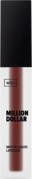 Wibo Million Dollar matowa pomadka w płynie. Przezroczysta prostokątna butelka, bordowy odcień, czarna nakrętka.