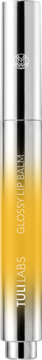 Nawilżający balsam do ust GLOSSY LIP BALM w srebrno-złotym opakowaniu z logo na wieczku, widok z przodu.