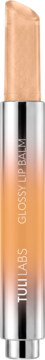 Balsam do ust FULL LABS Glossy Lip Balm w srebrnej tubie, wykręcony, z naturalnym beżowym kolorem i połyskiem.
