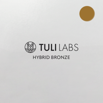 Tuli Labs Hybrid Bronze: logo i nazwa marki na białym tle, złoty, okrągły wzornik koloru bronzera.
