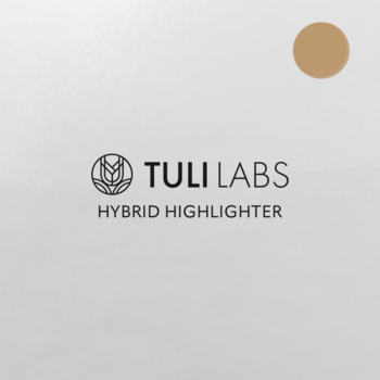TULI LABS HYBRID HIGHLIGHTER, minimalistyczny design z logo i satynowym złotym odcieniem na jasnym tle.