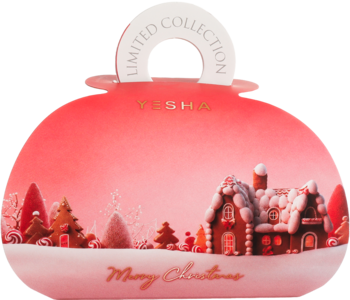 Różowe pudełko prezentowe Vesha Limited Collection w kształcie bombki z zimowym krajobrazem, Merry Christmas.