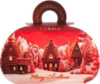 Czerwone opakowanie YESHA Limited Collection w kształcie bombki z ilustracją wioski piernikowej, Merry Christmas.