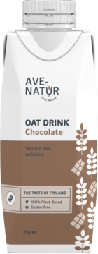 Biało-brązowy karton Ave-Natur Oat Drink Chocolate 250ml, widok z przodu. Napój roślinny, bezglutenowy.
