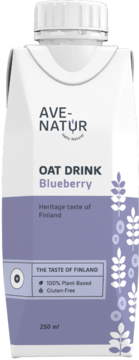 Biało-fioletowy karton AVE-NATUR Oat Drink Blueberry, 250ml, 100% roślinny, bezglutenowy, widok z przodu.