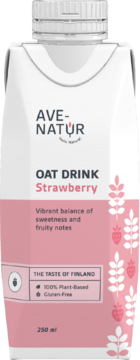 AVE-NATUR Oat Drink Strawberry 250ml w biało-różowym kartonie z grafiką owoców, widok z przodu. Bezglutenowe, roślinne.