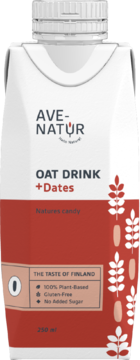 AVE-NATUR Oat Drink +Dates in a white & reddish carton, front view. 'Natures candy', 100% Plant-Based.