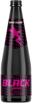 BLACK Energy Wild Strawberry Zero Sugar 300ml, czarna szklana butelka z różowym logo i napisami.