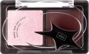 Wibo WORLD TOUR dual-color multi-use palette: różowy rozświetlacz i kremowy burgundowy balsam. Widok z góry.