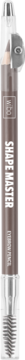 Kredka do brwi SHAPEMASTER, szaro-brązowa, z temperówką i szczoteczką, pionowe zbliżenie produktu.