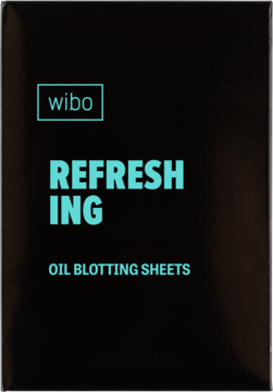 Czarne opakowanie Wibo Refreshing Oil Blotting Sheets z turkusowym napisem, bibułki matujące, widok z przodu.