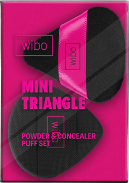 Wibo Mini Triangle Powder & Concealer Puff Set, różowe opakowanie. Dwa czarne, trójkątne puszki: welurowy i gładki.