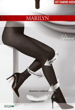 Czarne matowe rajstopy Marilyn Soft Diamond 40 DEN z klasycznym, drobnym wzorem. Na nogach modelki.
