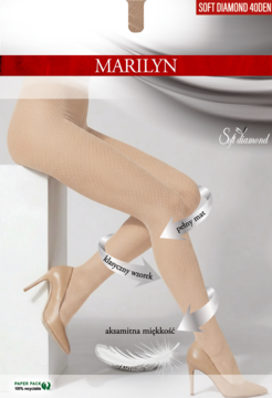 Beżowe rajstopy Marilyn Soft Diamond 40DEN, matowe, z klasycznym wzorem. Pokazane na nogach w szpilkach.