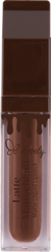So Lovely Latte matte liquid lipstick in a clear tube with brown cap and chocolate drip design.