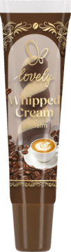 Brązowy balsam do ust 'Lovely Whipped Cream Balm' w tubce, z motywem kawy, bitą śmietaną i złotymi zdobieniami.