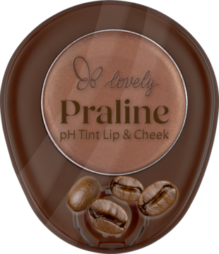 Brown lovely Praline pH Tint Lip & Cheek w okrągłym opakowaniu z ziarnami kawy, ujęcie z góry.