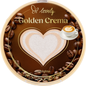 Rozświetlacz lovely Golden Crema w okrągłym, kawowym opakowaniu z ziarnami kawy i kremowym sercem, widok z góry.