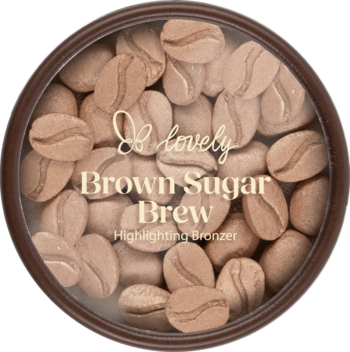 Bronzer Lovely Brown Sugar Brew, rozświetlający, brązowe granulki w kształcie ziaren kawy w okrągłym opakowaniu, z góry.