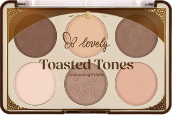 Paleta do konturowania Toasted Tones Lovely z sześcioma aksamitnymi pudrami w brązowych i beżowych tonach, widok z góry.