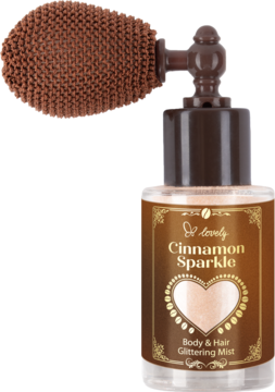Rozświetlacz Lovely Cinnamon Sparkle w butelce z brązową pompką-gruszką, widok z przodu na czarnym tle.