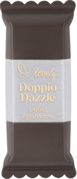 Lovely Doppio Dazzle Liquid Eyeshadow: ciemne opakowanie z perłową etykietą i złotym napisem, widok przodem.