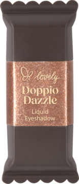 Błyszczący płynny cień do powiek Lovely Doppio Dazzle w ciemnobrązowym opakowaniu z miedzianą etykietą.