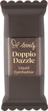 Lovely Doppio Dazzle płynne cienie do powiek w brązowym opakowaniu jak batonik, złote napisy.
