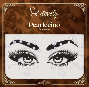 Lovely Pearlccino Face Jewels, samoprzylepne perły w różnych rozmiarach na szablonie oczu, w kawowym opakowaniu.