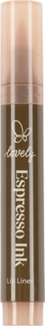 Brązowy marker Lovely Espresso Ink Lip Liner, widok z przodu, z różowo-złotą zakrętką i białym napisem.