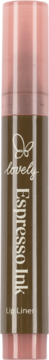 Brązowa konturówka do ust Lovely Espresso Ink w formie markera, z różowymi akcentami, widok z przodu.