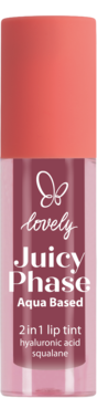 Lovely Juicy Phase 2-w-1 lip tint, różowa butelka z koralowym korkiem, aqua based, widok z przodu.