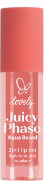 Lovely Juicy Phase Aqua Based 2-in-1 lip tint, koralowa butelka z białym napisem i motylem, widok z przodu.