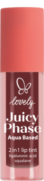 Lip tint Lovely Juicy Phase Aqua Based z kwasem hialuronowym, butelka z koralową nakrętką, na czarnym tle.