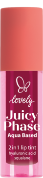 Lovely Juicy Phase Aqua Based 2 in 1 lip tint w różowej butelce z koralową nakrętką. Zawiera kwas hialuronowy.